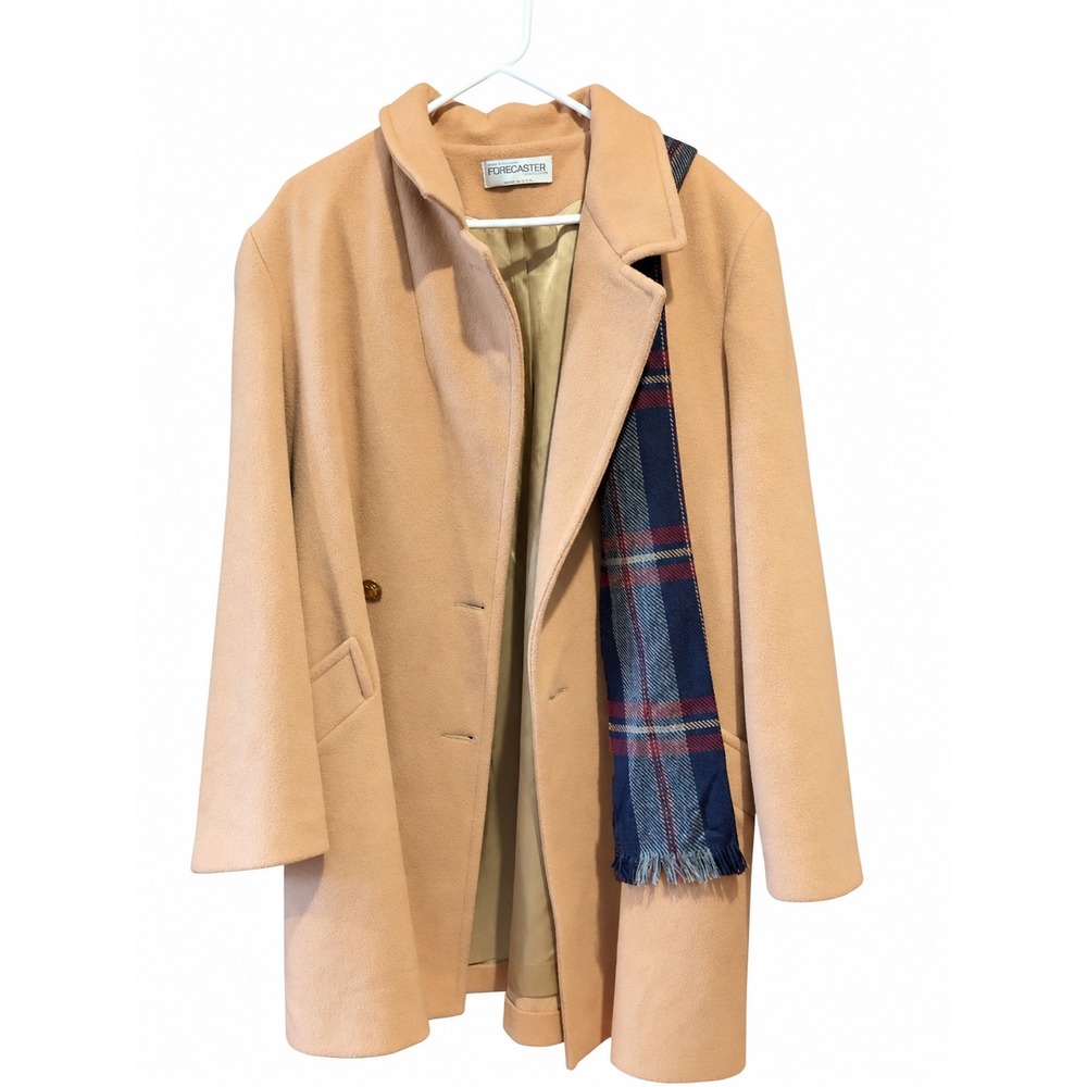 Vintage Forecaster of Boston Mens Camel Tan Wool Overcoat with Plaid Scarf USA